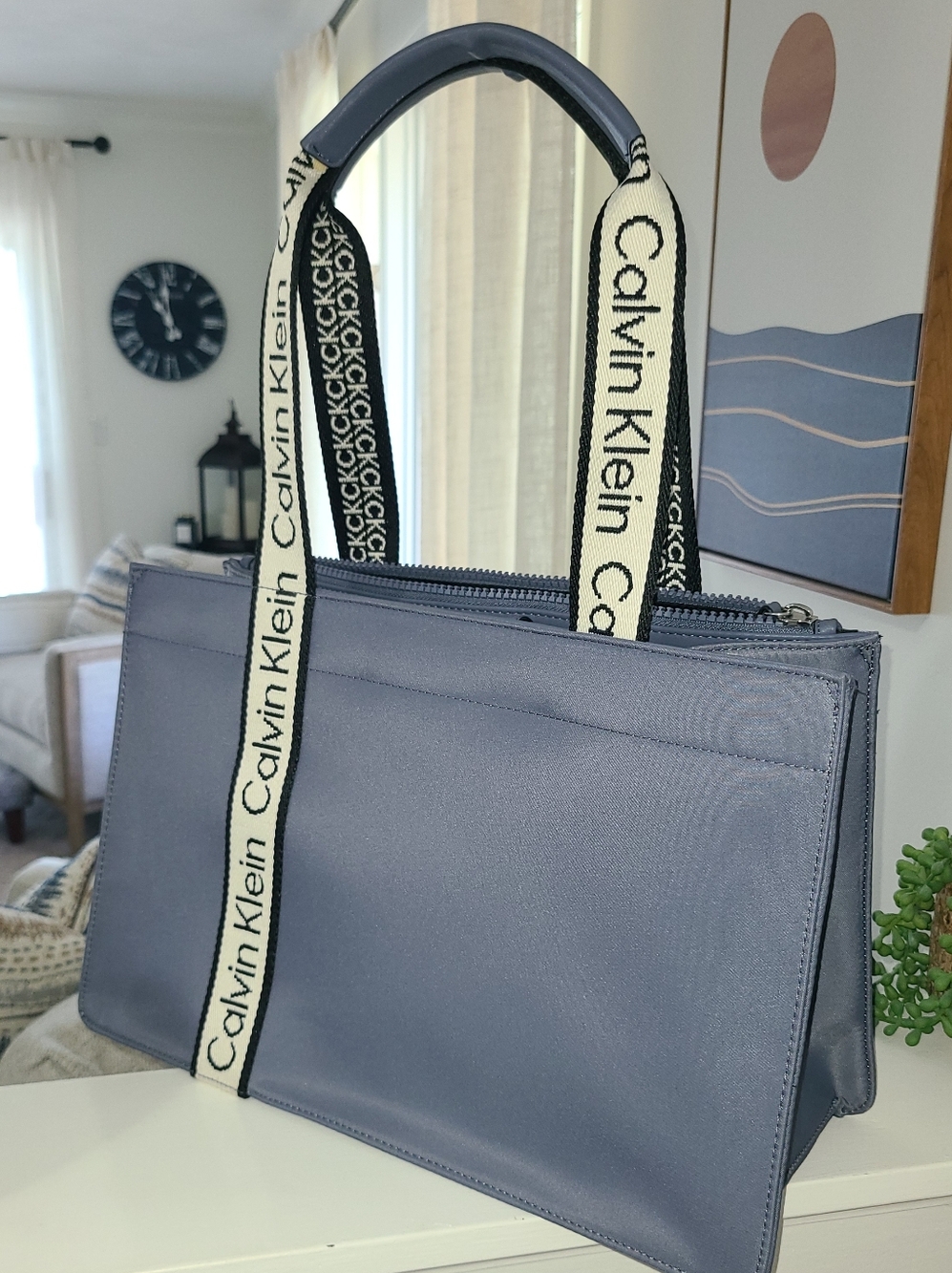 NWT! Calvin Klein Dusty Blue Tote with Branded White & Black Straps - Picture 2 of 13